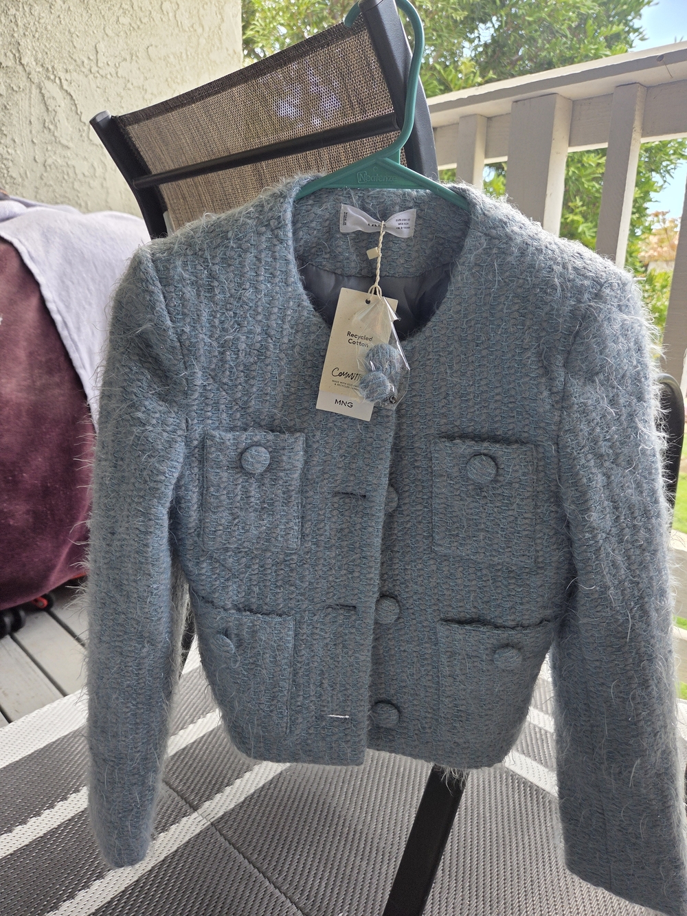 Mango Powder Blue Bouclé Cropped Jacket
